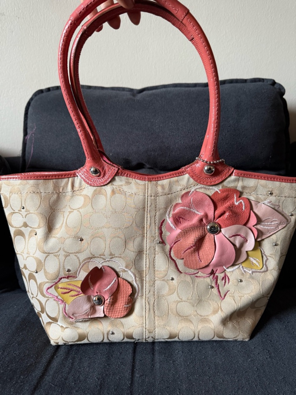 Coach Floral Appliqué Signature Tote in Cream and Pink Coral